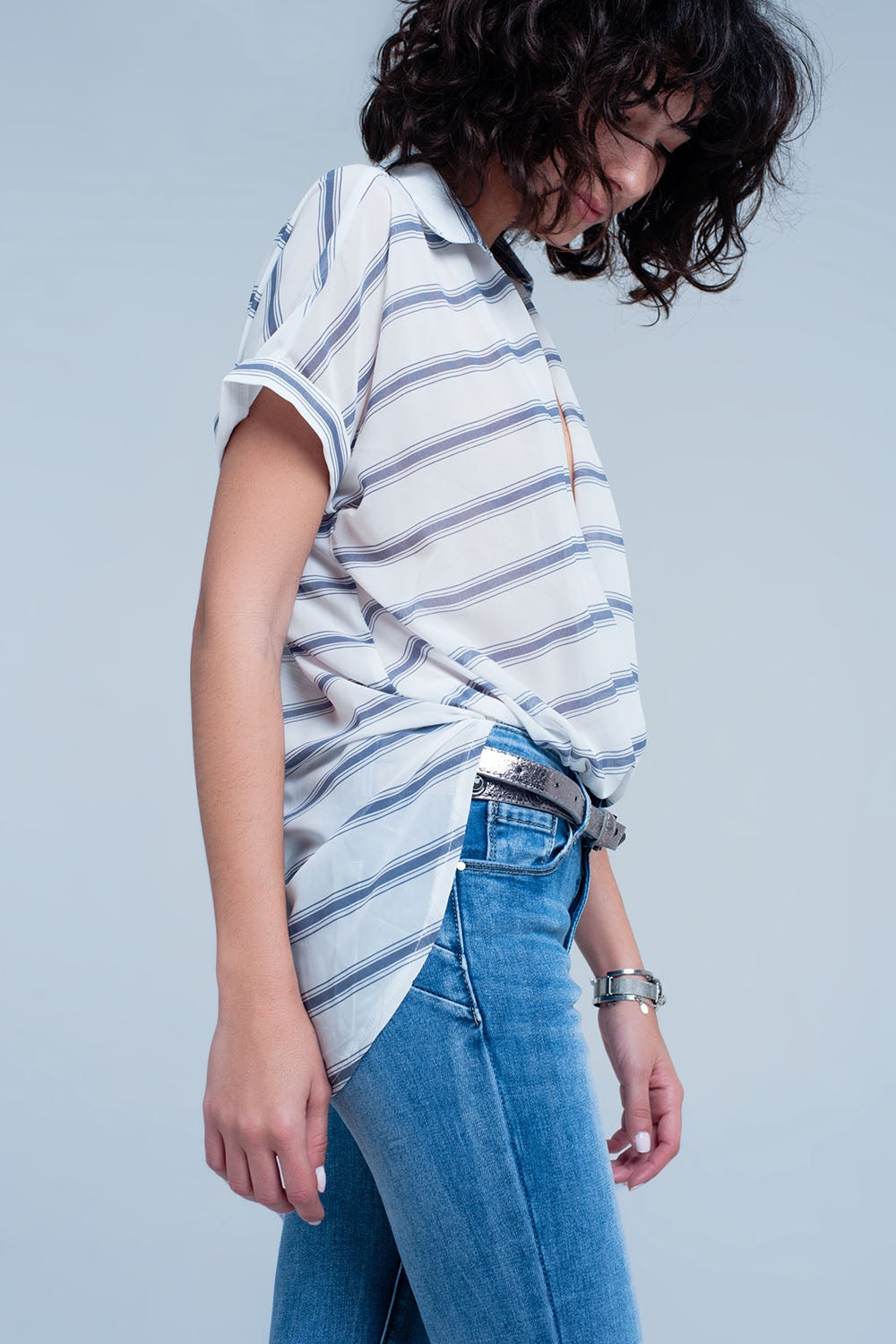 White Short Sleeve Drape Wrap Blouse With Blue Striped Design