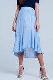 Blue Stripe Asymetric Hem Midi Skirt