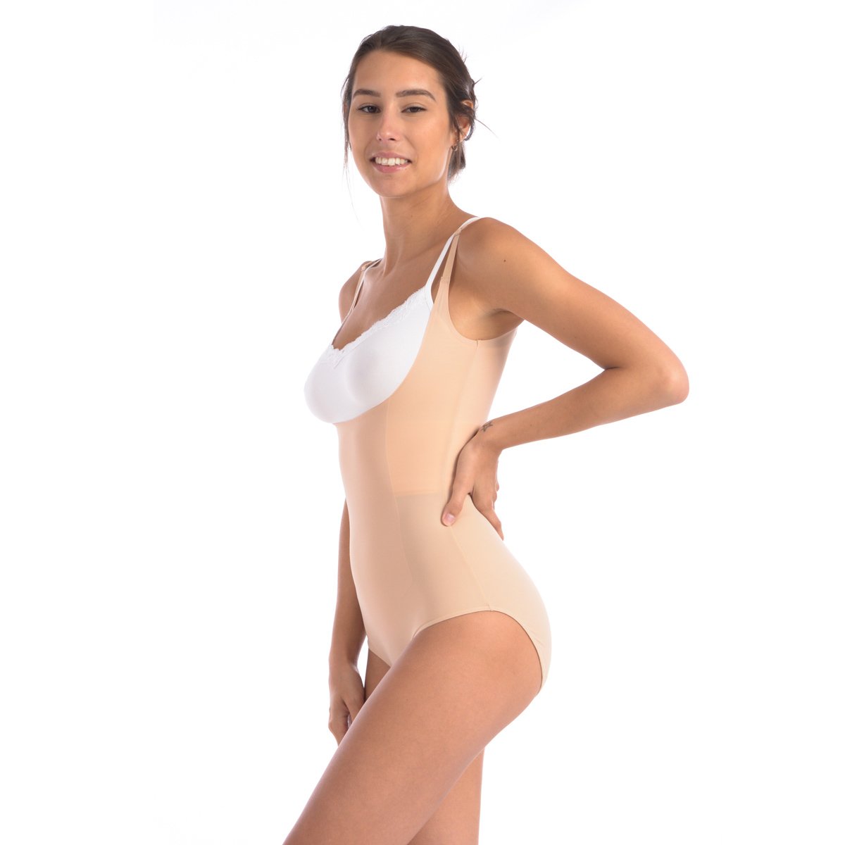 Wear Your Own Bra Bodysuit Shaper With Targeted Double Front Panel Nude