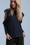 Dark Gray Top With Ruffle and Open Detail