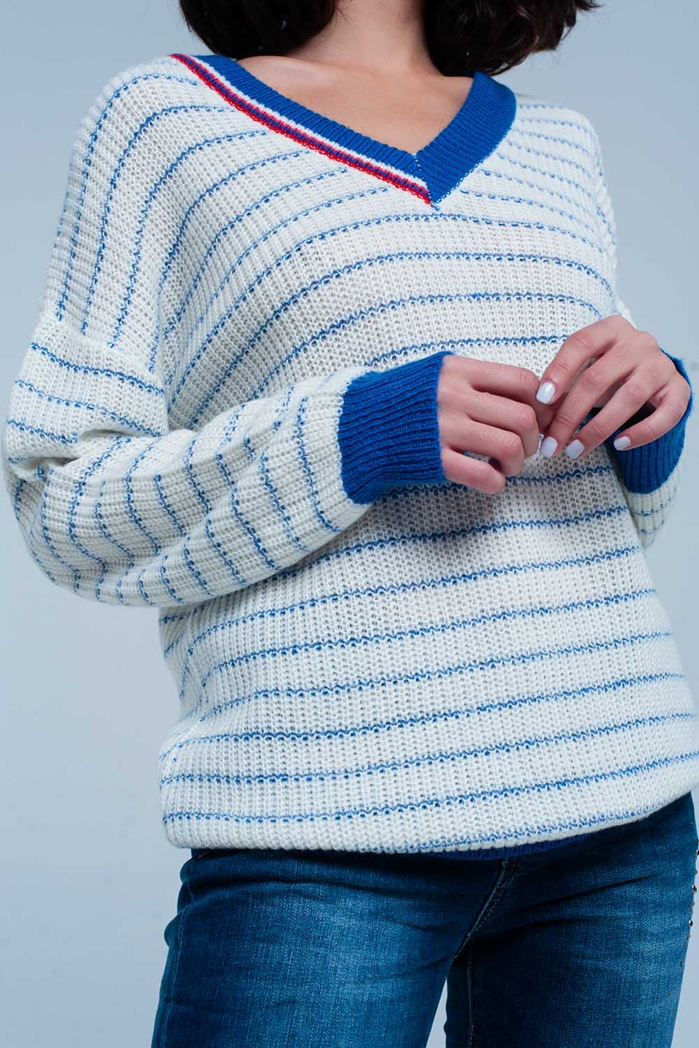 Blue Striped Sweater With V-Neck