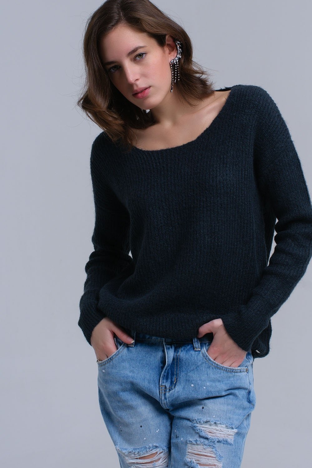 Green Knitted Sweater With Tie-Back Closure