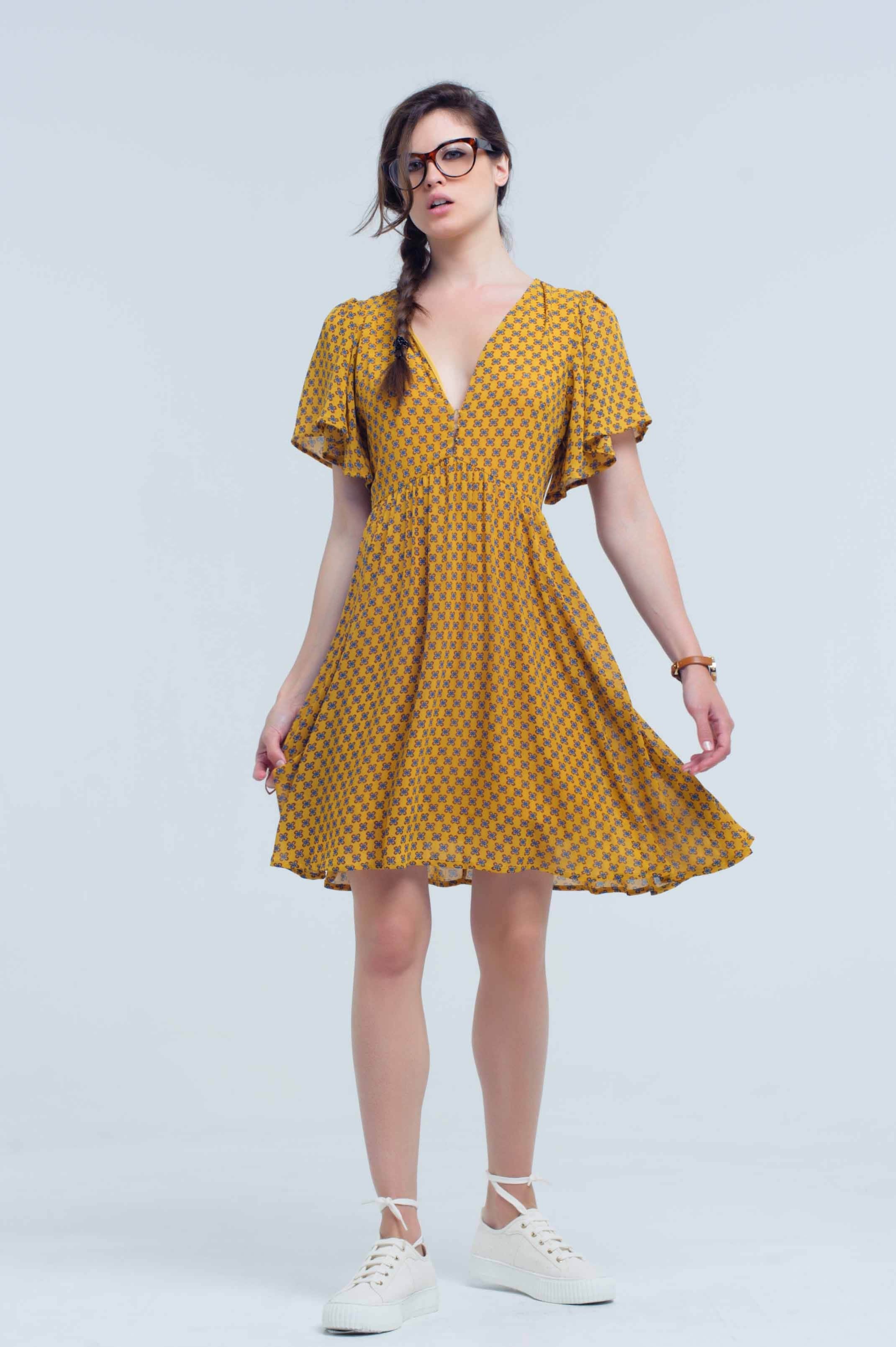 Yellow Dress With Flight and Geometric Pattern