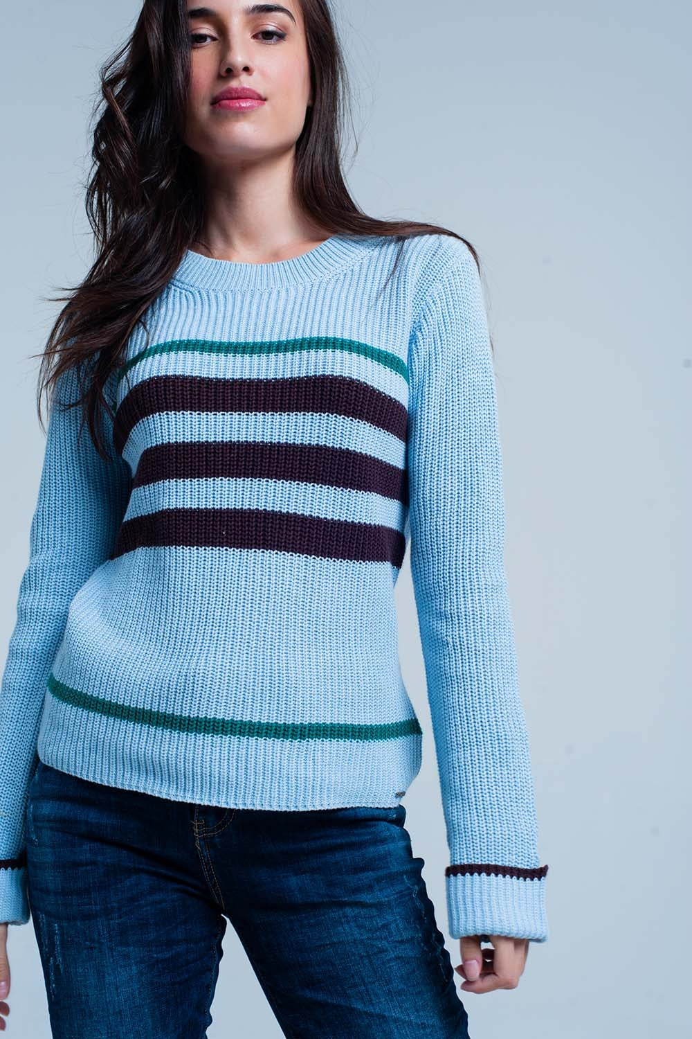 Blue Rib Stitch Sweater With Stripes