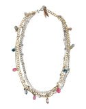 Stylish Necklace Made With Rows of Silver-Plated and Rose Gold-Plated Chains and Features Pretty Blue and Pink Bead Deta