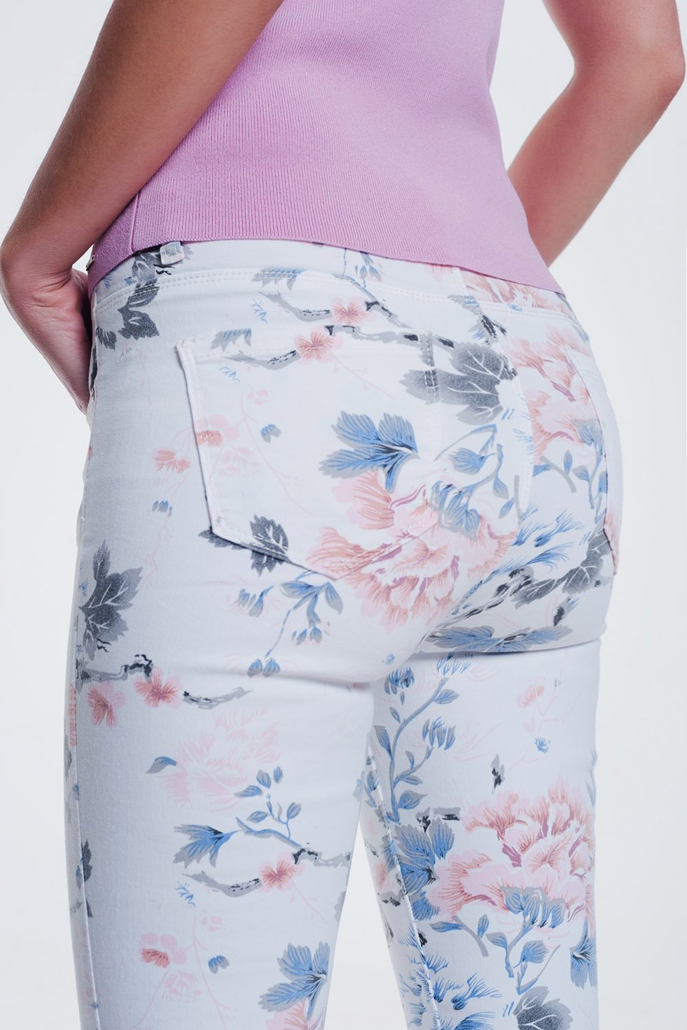 White Skinny Pants With Floral Print