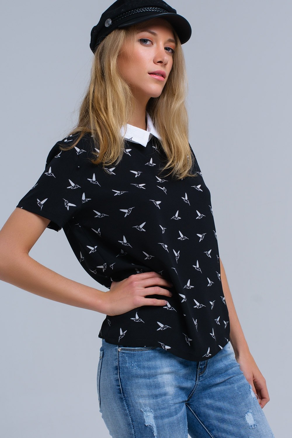 Black Shirt With White Printed Birds