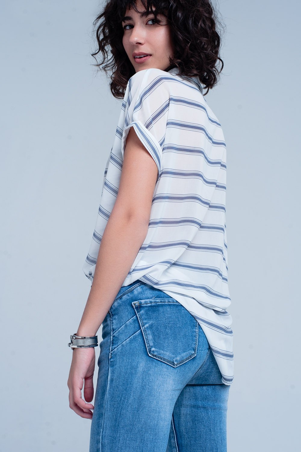 White Short Sleeve Drape Wrap Blouse With Blue Striped Design