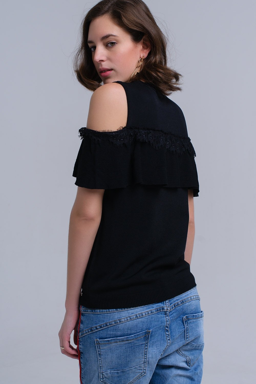 Black Cold Shoulder Sweater With Ruffle and Lace