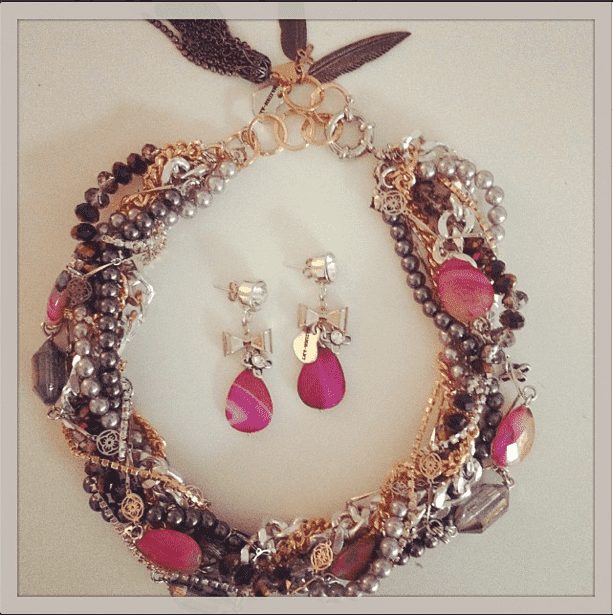 Multi Strand Necklace With Pink Agate Stones and Charms