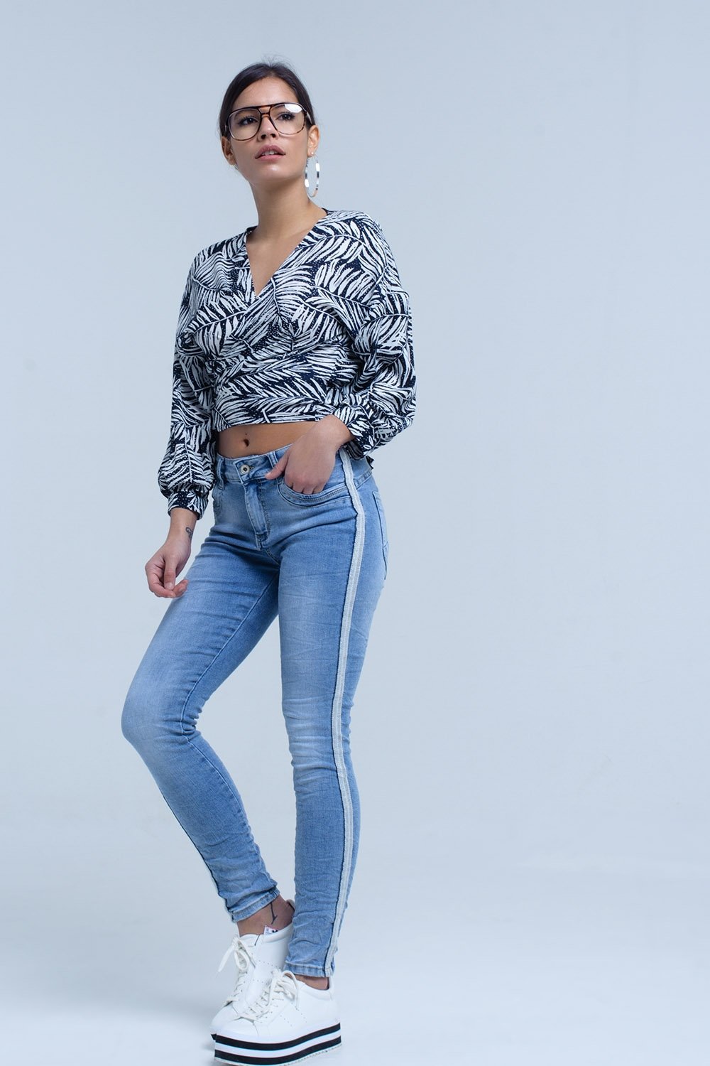 Navy Leaf Print Blouse With Plunge Neck
