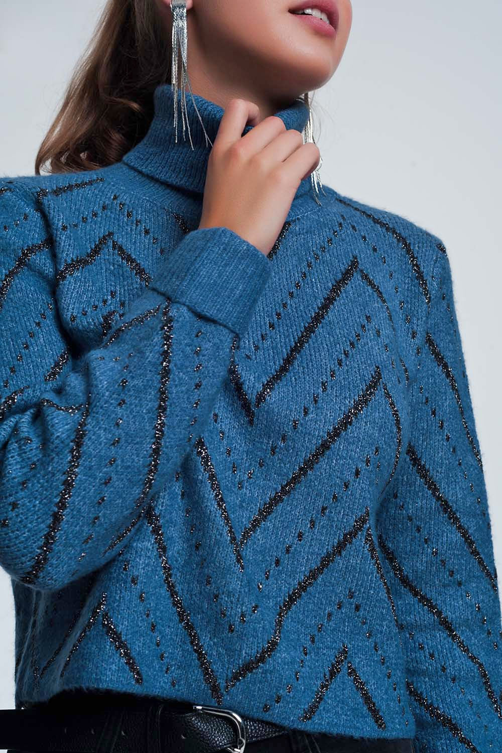 Woven Blue Turtleneck Sweater