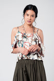 Ecru Top With Cold Shoulder and Leaves Print