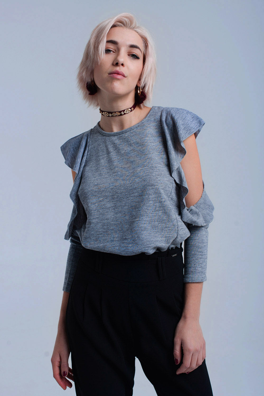 Gray Top With Ruffle and Open Detail