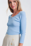 Blue Knitted Wide Neck Sweater