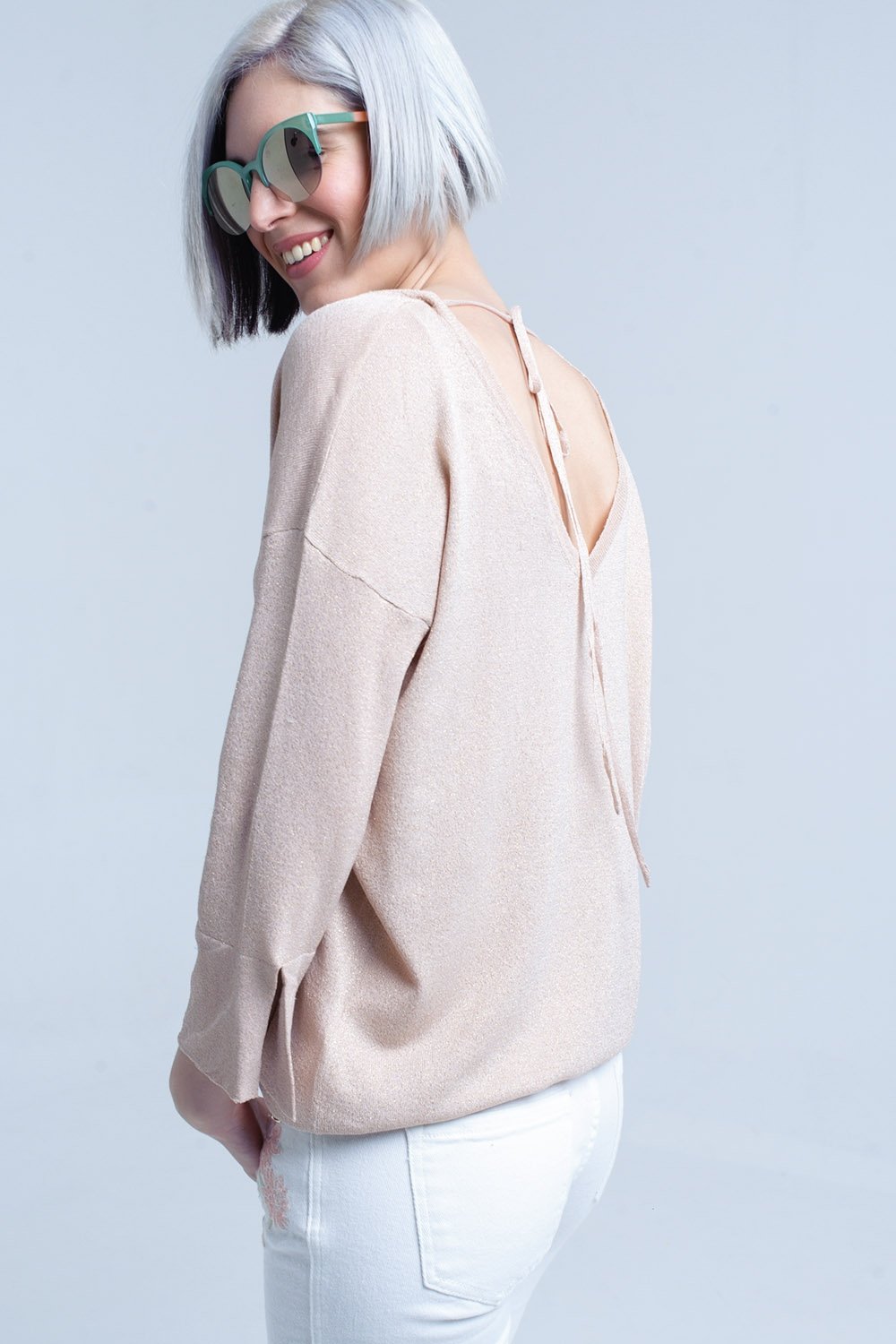 Pink Knit Sweater With Gold Lurex Detail