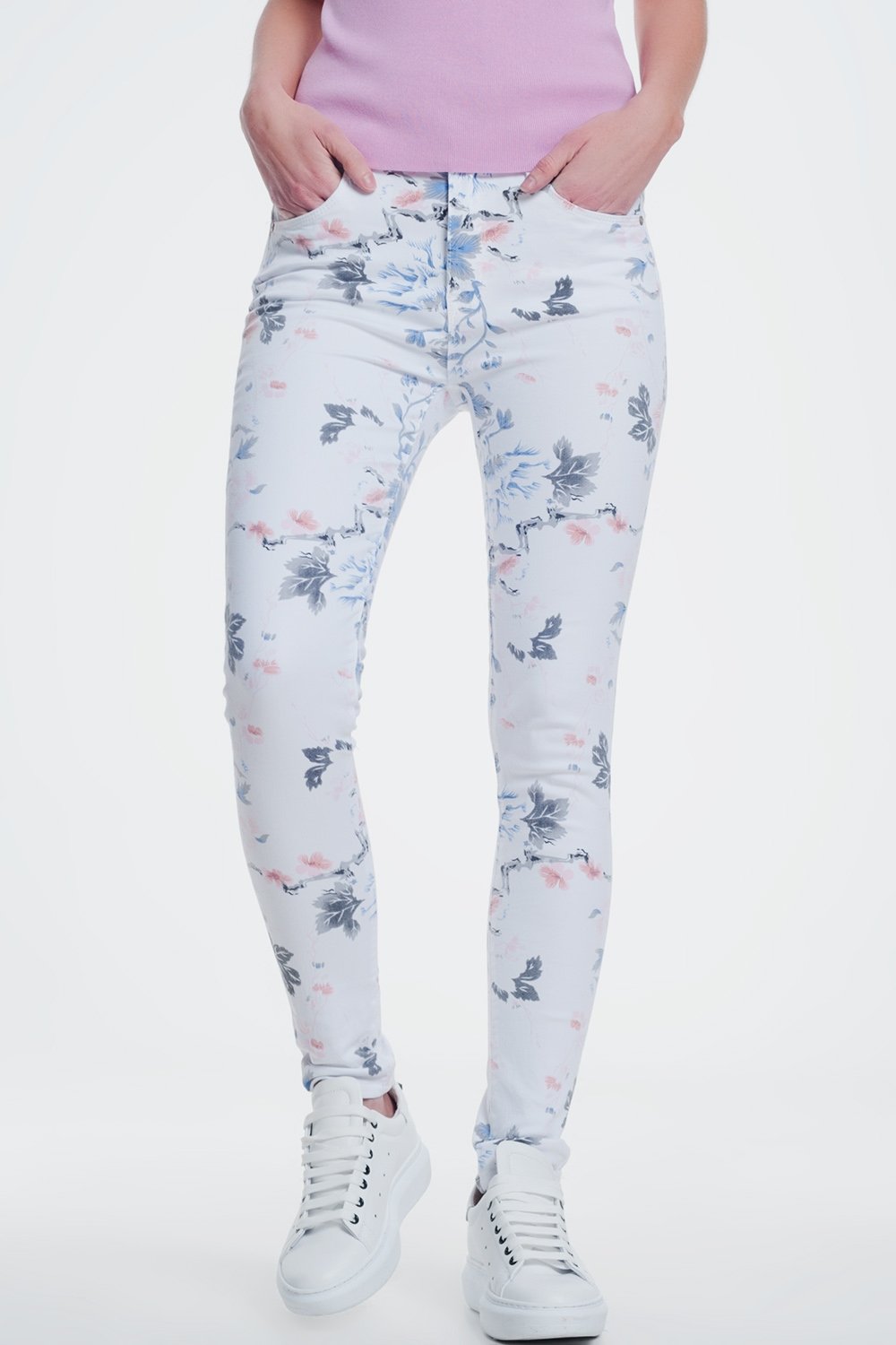 White Skinny Pants With Floral Print