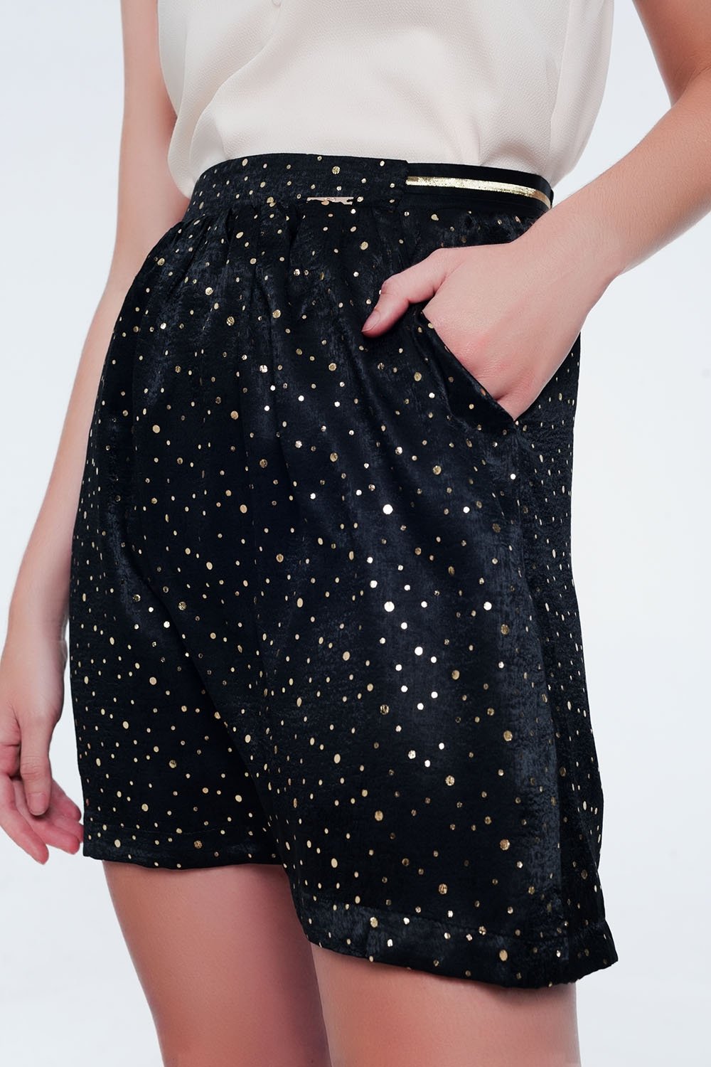 Black Mini Skirt With Pleats in Gold Polka Dot