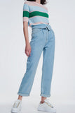 Light Denim Straight Jeans With Folded Waist
