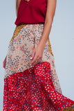 Red Floral Meadow Bias Cut Midi Skirt