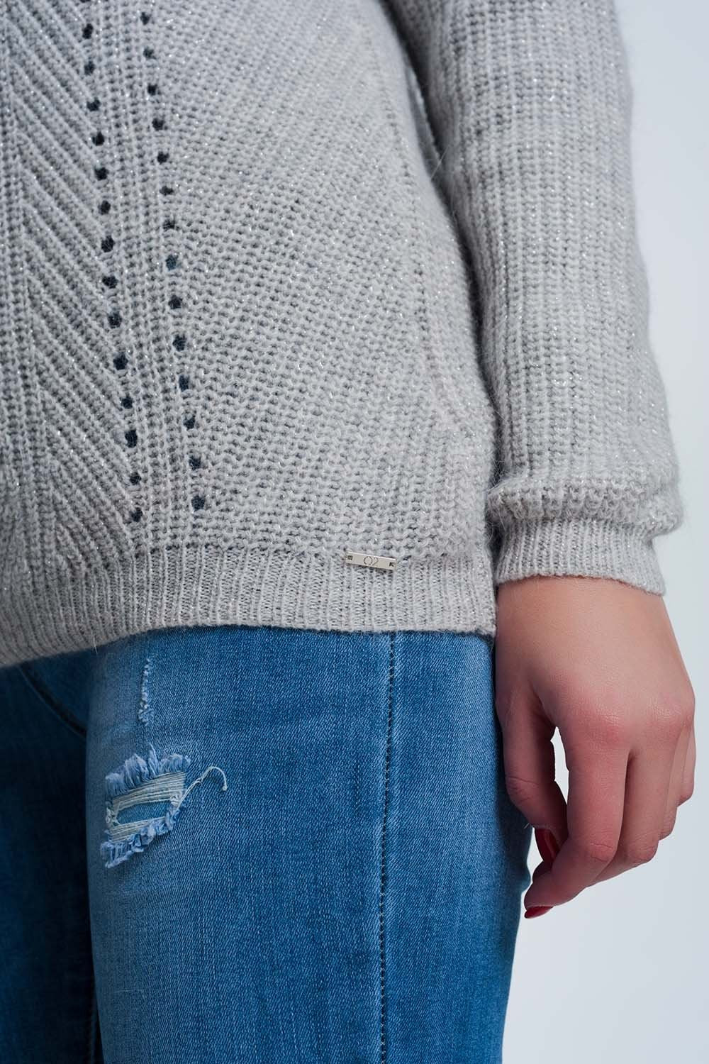 Gray Sweater With Knitted Stripe Detail