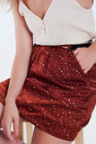 Orange Mini Skirt With Pleats in Gold Polka Dot