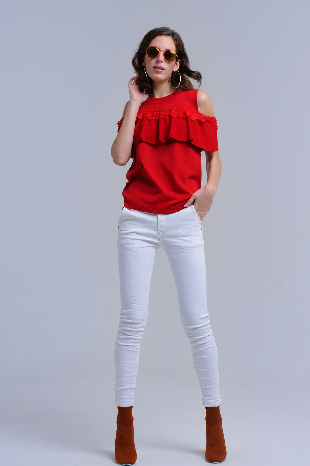 Red Cold Shoulder Sweater With Ruffle and Lace