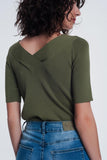 Khaki Sweater With v Neck and Short Sleeves