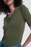 Khaki Sweater With v Neck and Short Sleeves