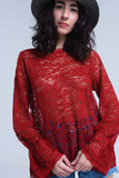 Burgundy Sheer Lace Top With Bell Sleeves