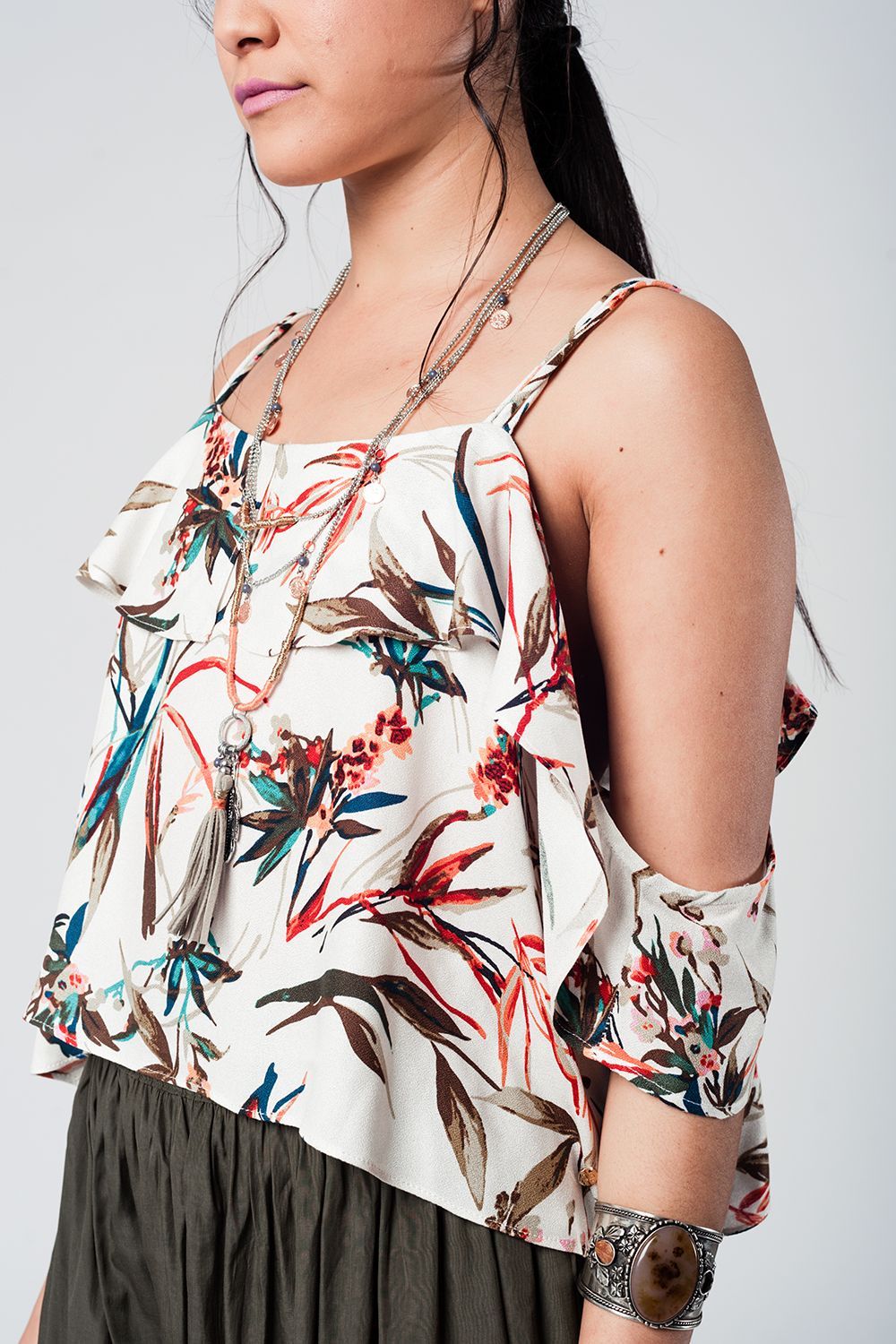Ecru Top With Cold Shoulder and Leaves Print