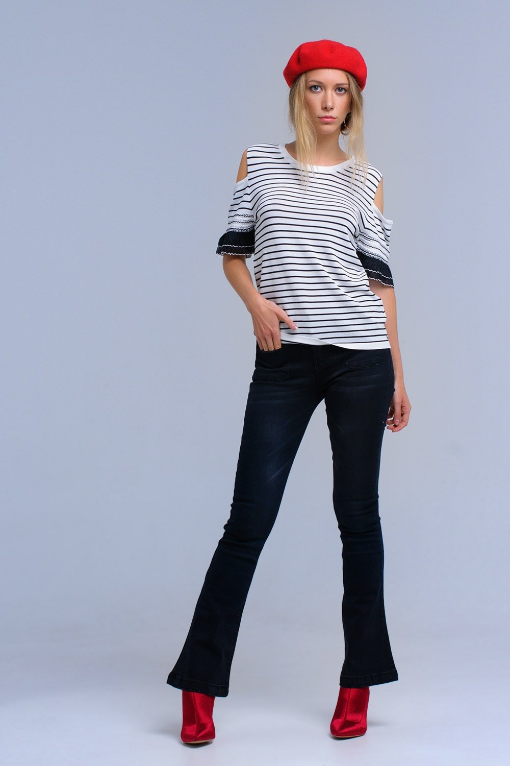 White Striped Sweater With Embroidery