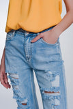 Wide Leg Cropped Raw Hem Jeans in Light Blue