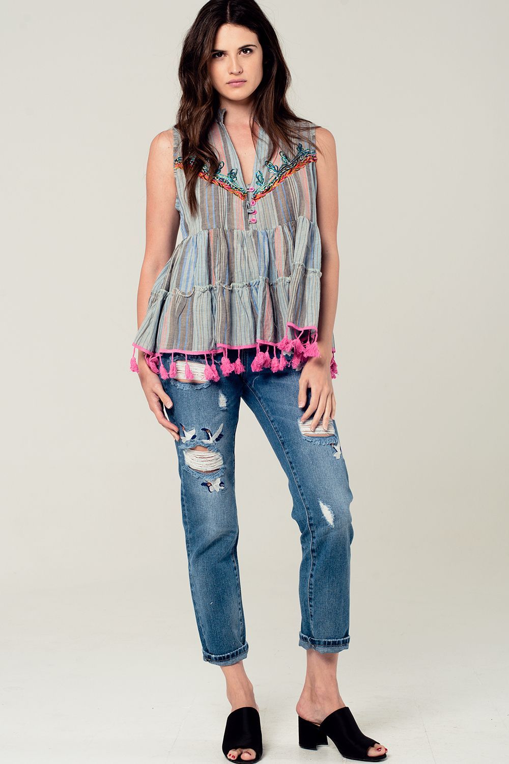 Sleeveless Blouse With Tassels and Embroidery in Grey