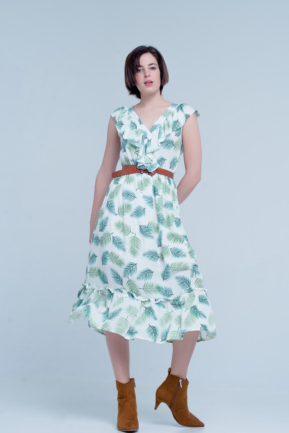 Green Printed Midi Dress With Ruches