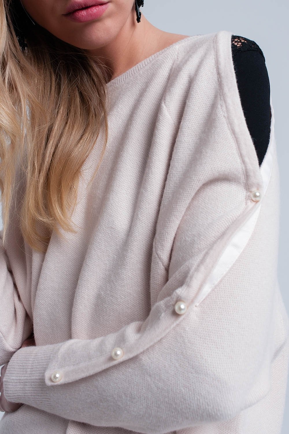 Pink Pale Knitted Sweater With Pearl Detail