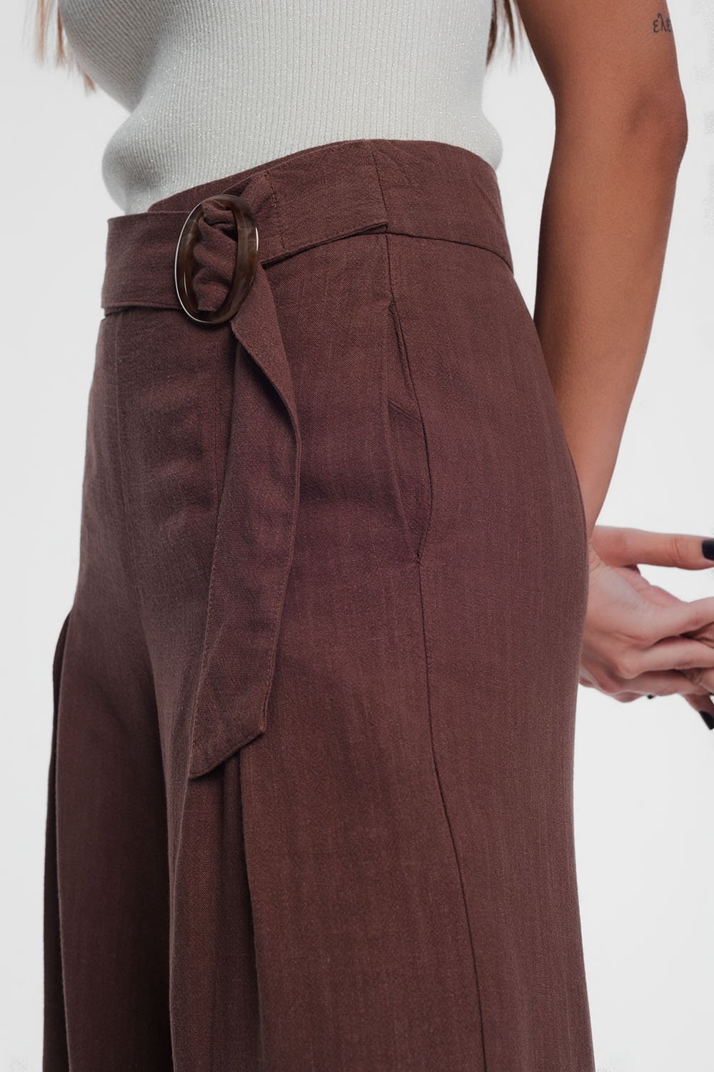 Belted High Waist Wideleg Trouser in Brown
