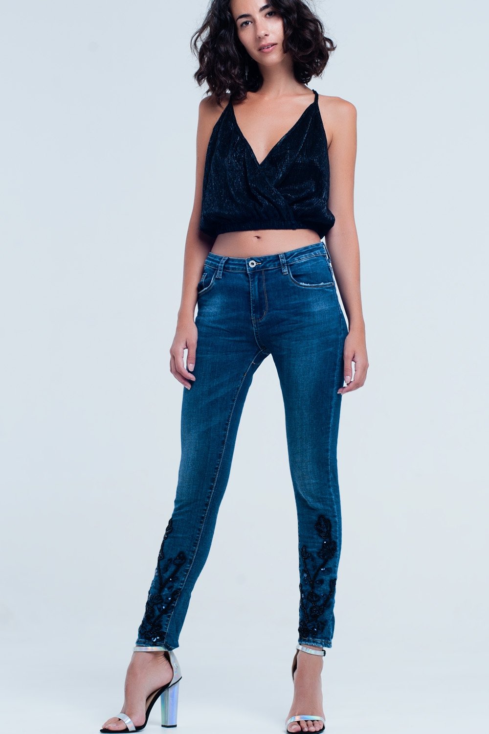 Skinny Blue Jeans With Strass