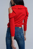Red Sweater With Ruffle Detail at Front