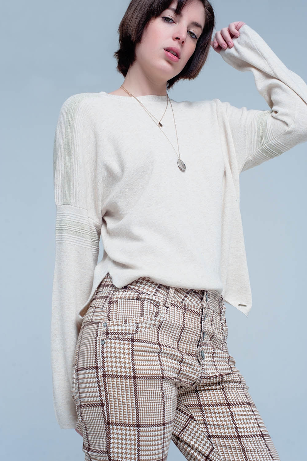 Beige Fine Knitted Sweater With Glitter Details