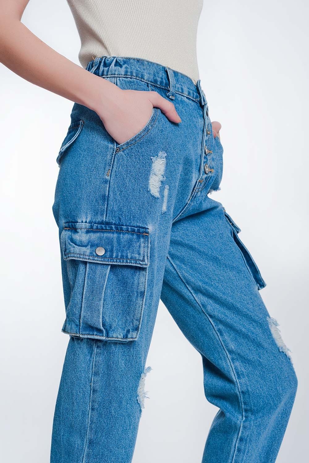 Light Denim Straight Jeans Ripped With Side Pockets