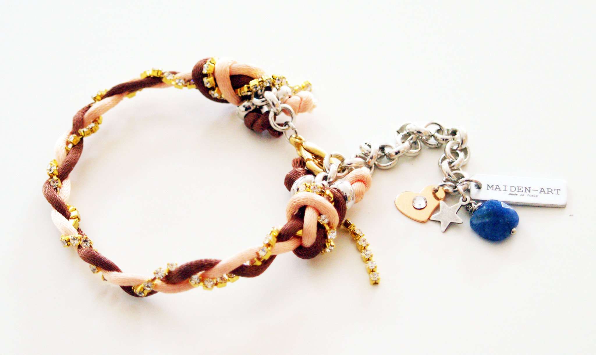 Charm Bracelet With Lapis Lazuli Stones, Crystals and Silk Cord.