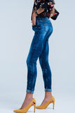 Blue Wrinkled High-Waist Skinny Jeans