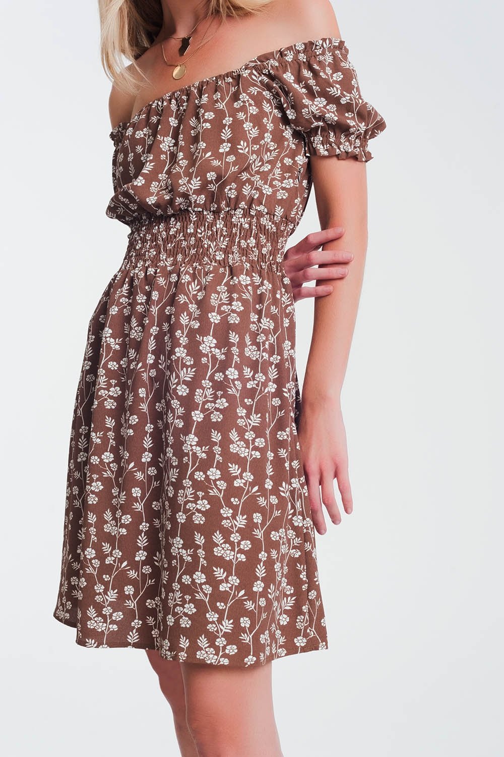 Brown Mini Bardot Dress in Floral Print