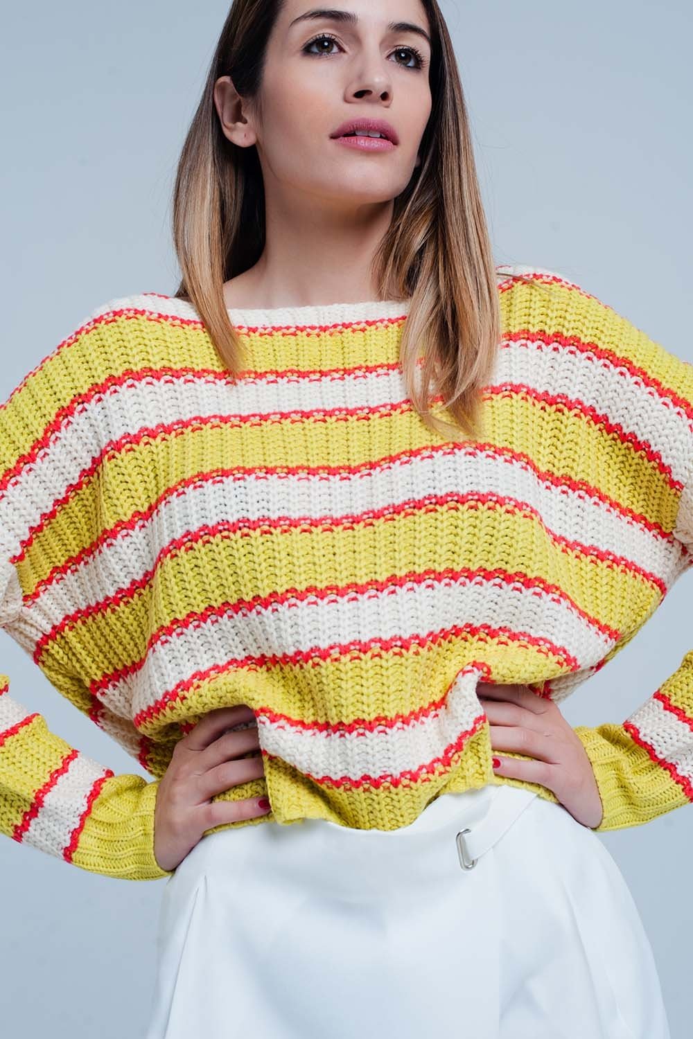 Yellow Striped Rib Stitch Knitted Sweater