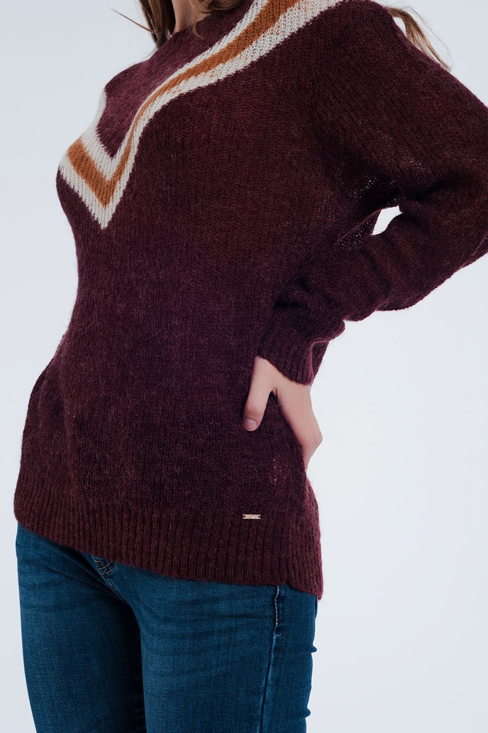 Maroon Sweater With Striped Detail