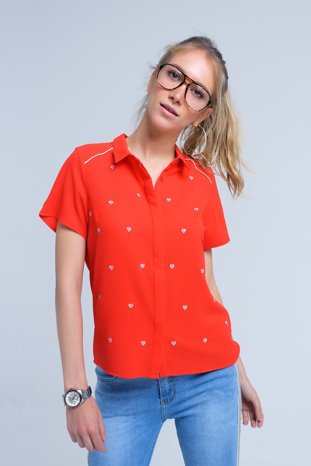 Red Shirt With Heart Embroidery