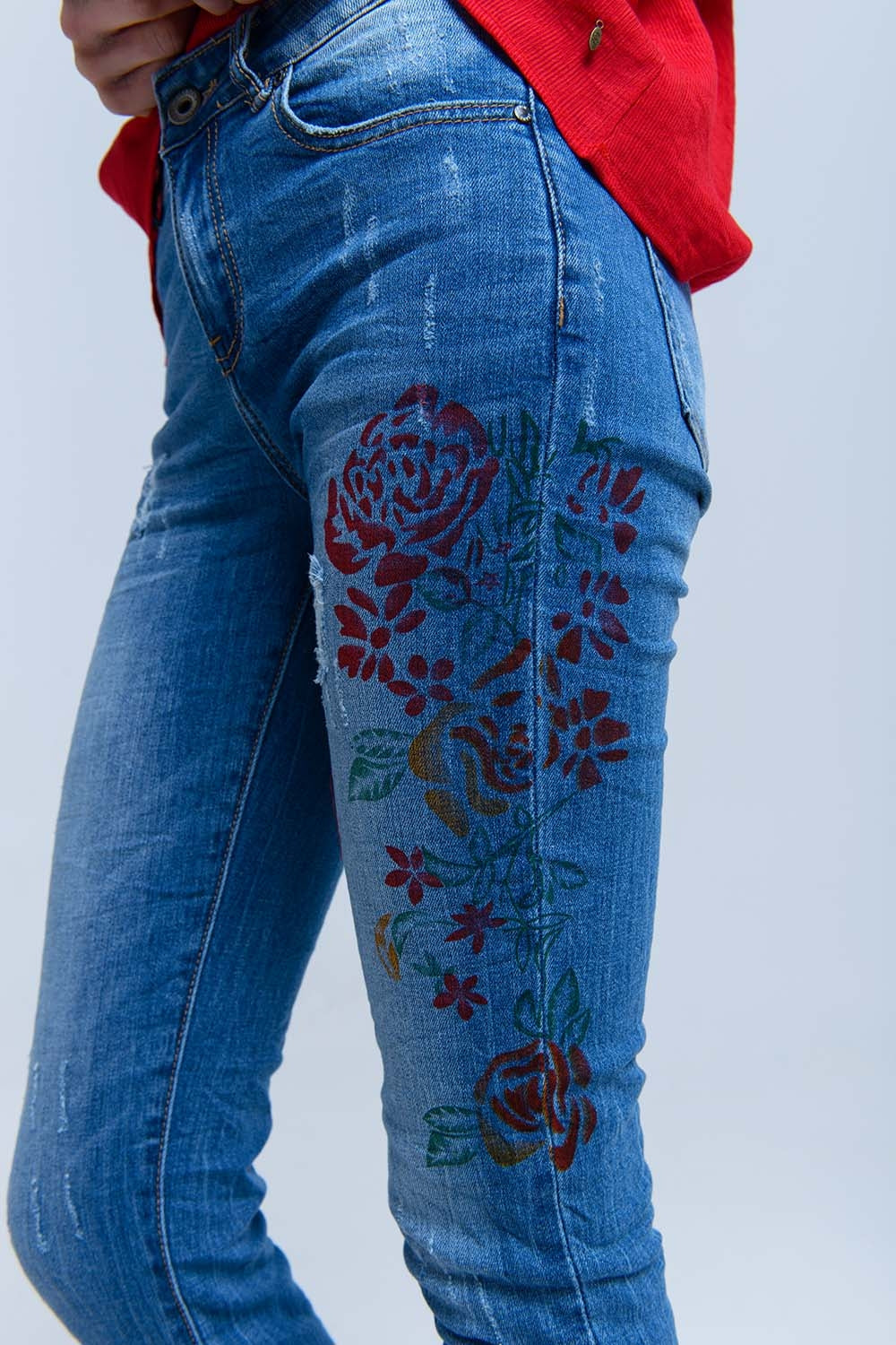Skinny Jeans With Painted Floral