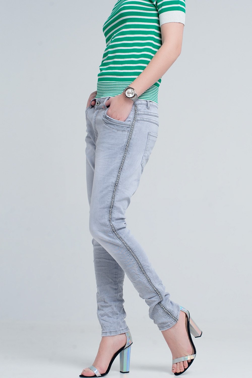 Grey Jeans With Detail Metalic