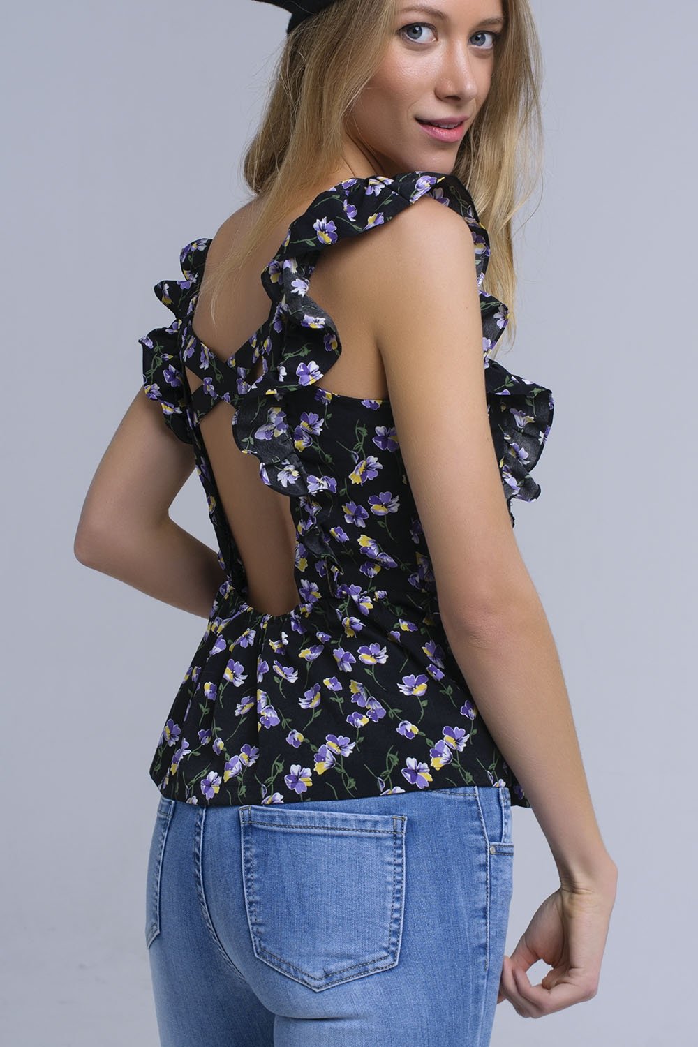 Black Crossed Back Shirt With Ruffles